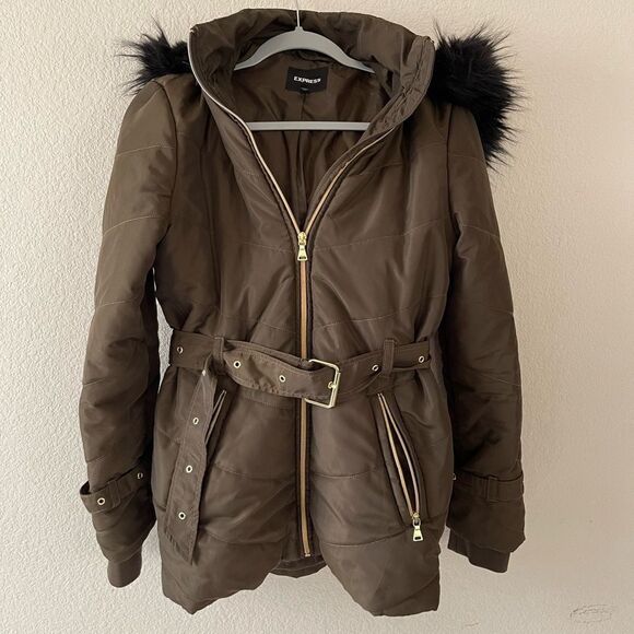 Express olive green belted puffer jacket - Picture 1 of 7